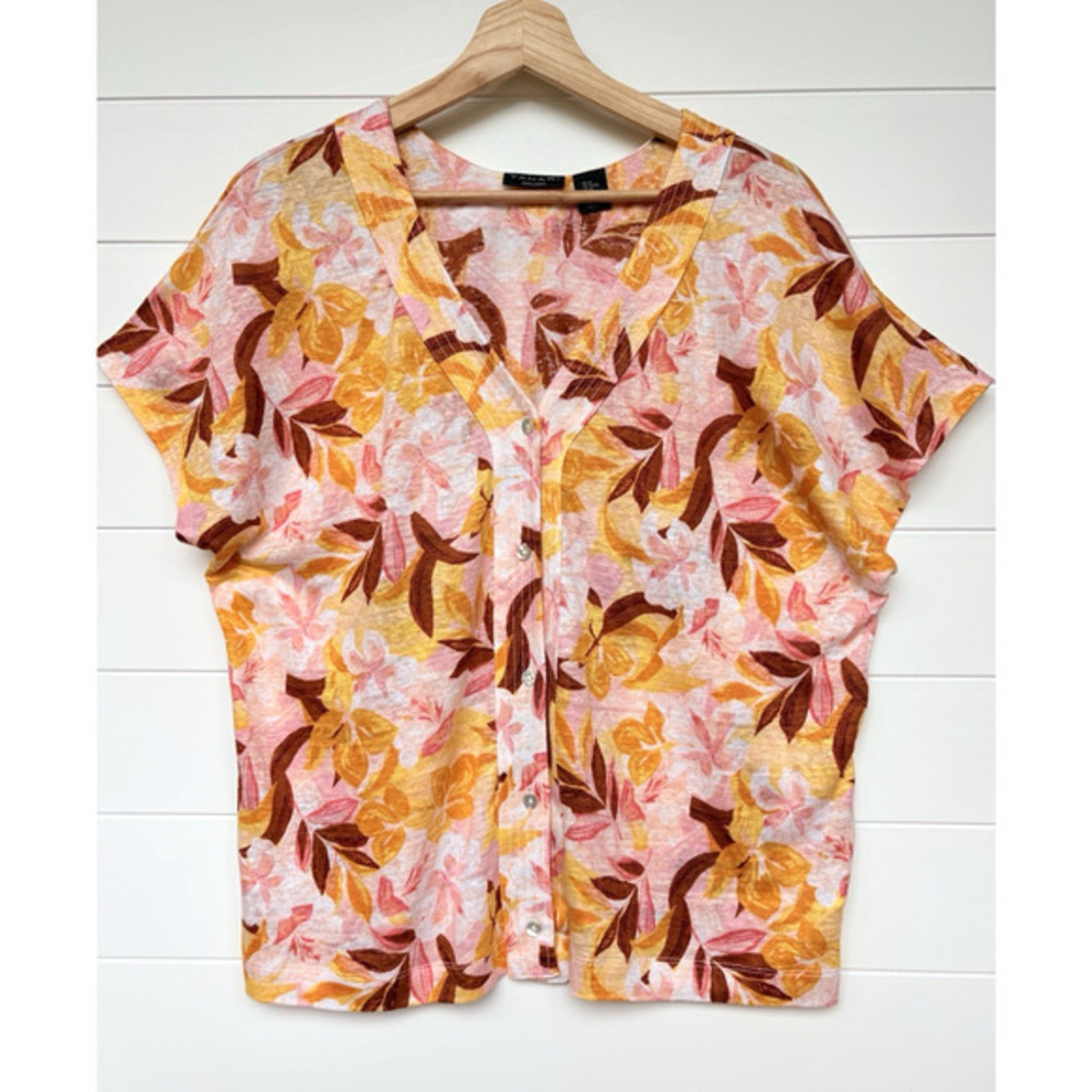 Tahari 100% Linen Jersey Tropical Floral Button Front Top Pink Orange V-Neck XL